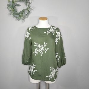 Kindred Petite Olive Floral Applique 3/4 Sleeve Blouse Top